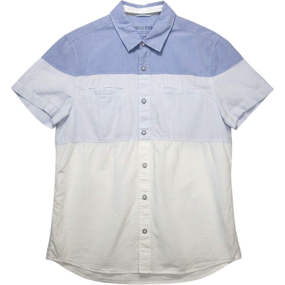 Guess Men's Slim Fit Short Sleeve Shirt Large Colorblock Blue White Button Up Ca